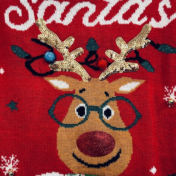 NWT No Boundaries Christmas Sweater Santa Rudolph Bells Sequins Size XL 15-17 - Picture 4 of 12